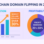 Infographic showing blockchain domain flipping profitability trends with 30% market volume growth and 20-50% profit margins in 2024