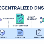 Architecture diagram of decentralized DNS showing ENS registry, resolver, and registrar with blockchain and smart contracts