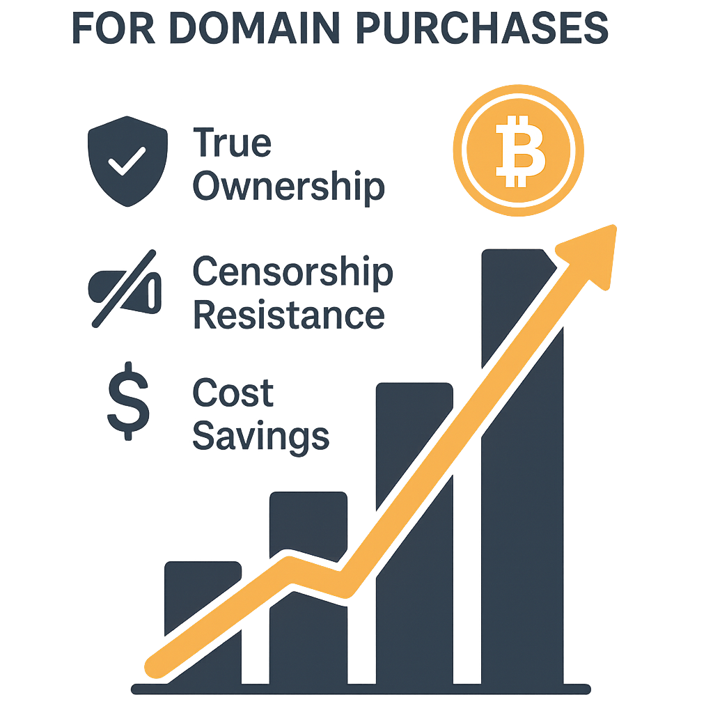 Infographic showing the rise of cryptocurrency adoption for domain purchases and key benefits like true ownership, censorship resistance, and cost savings.