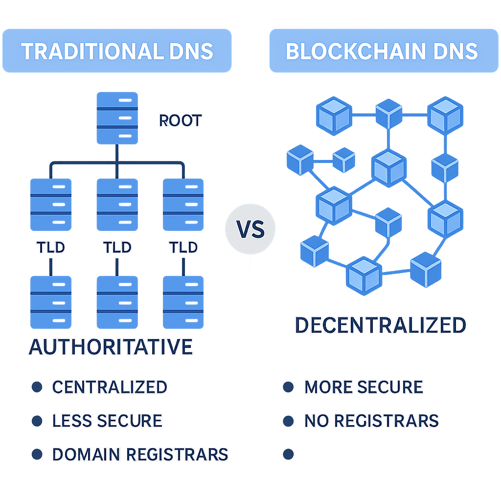 Infographic comparing traditional DNS and blockchain DNS architecture, highlighting key differences.