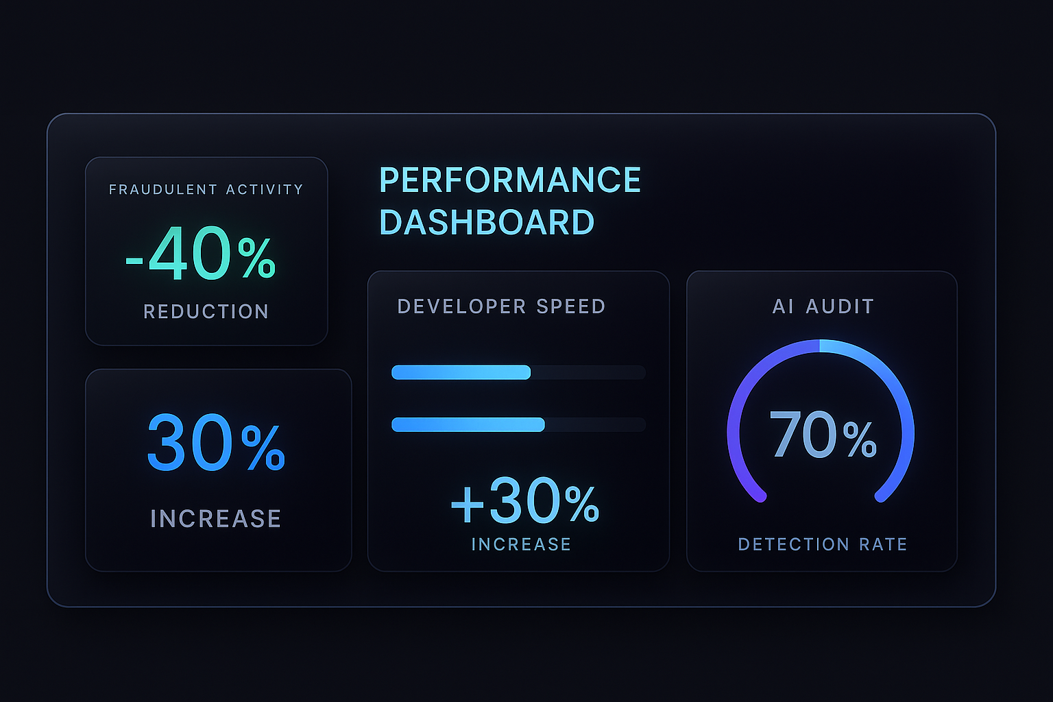 Performance dashboard showing 40% fraud reduction and 30% speed increase
