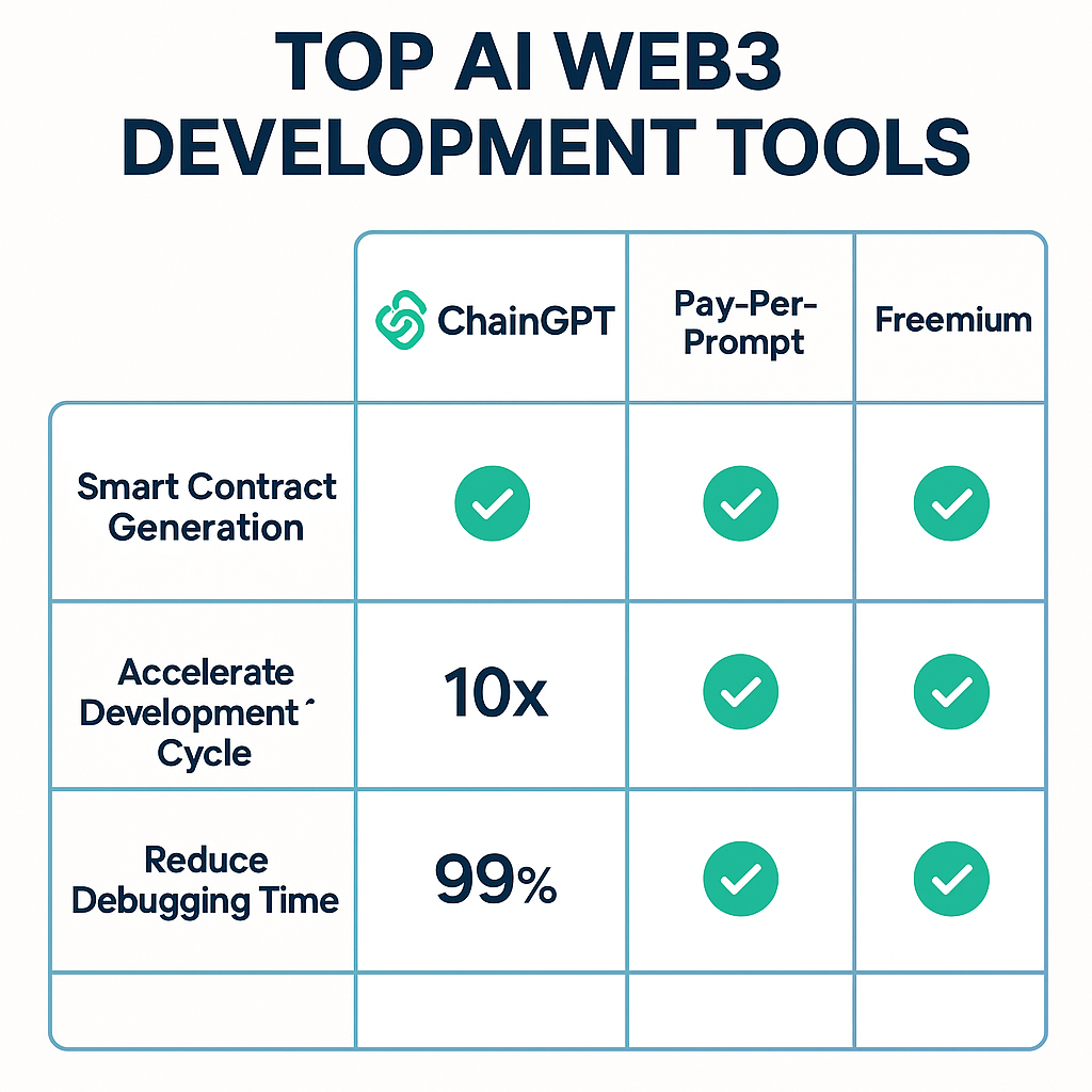 Comparison matrix of AI Web3 development tools featuring pricing and capabilities