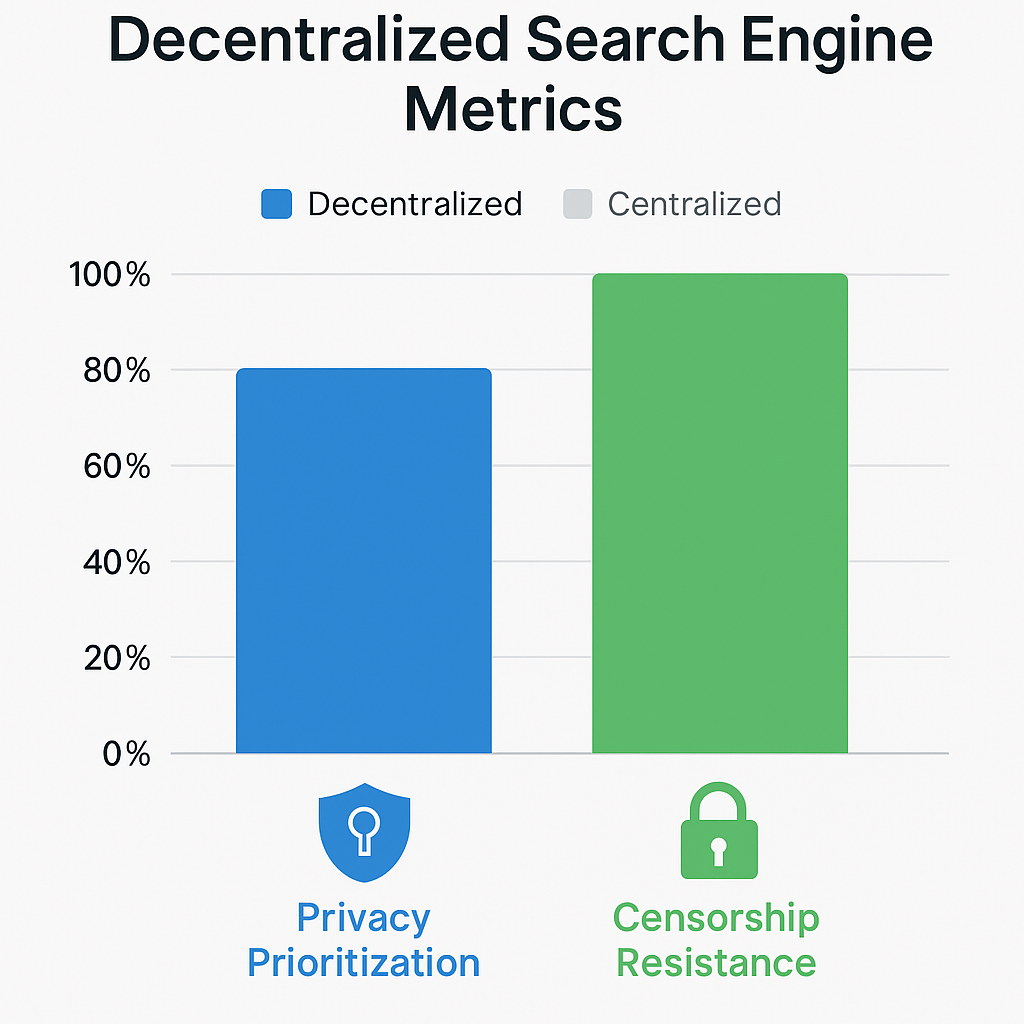 Bar chart showing decentralized search engines with 85% privacy prioritization and over 90% reduction in content blocking