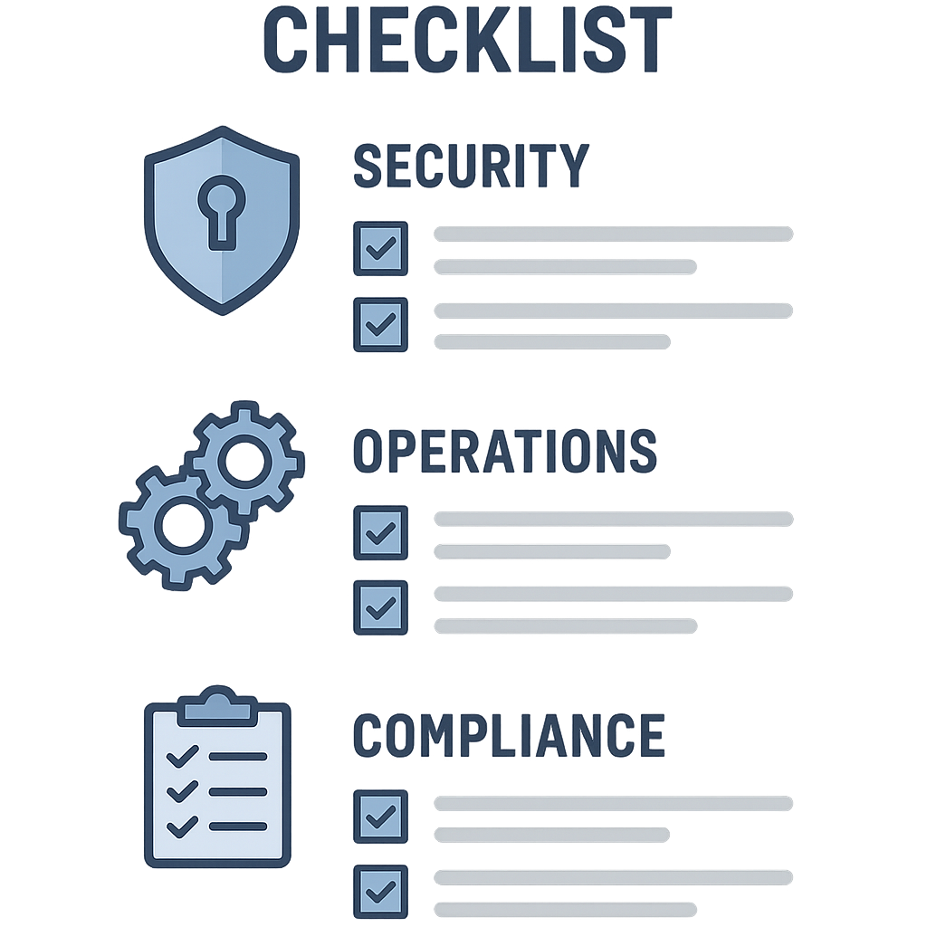 Checklist illustrating security, operational, and governance best practices for blockchain domain management.
