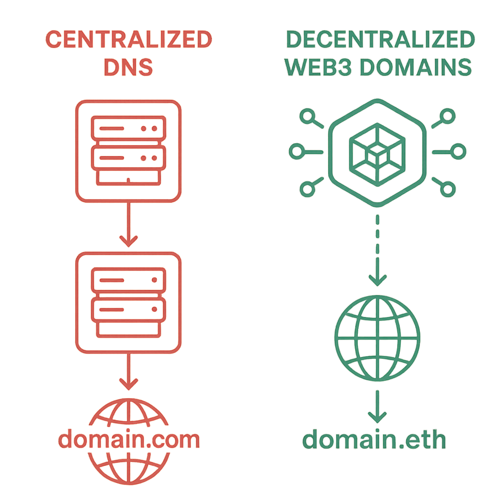 Flowchart comparing traditional DNS with blockchain-powered web3 domains