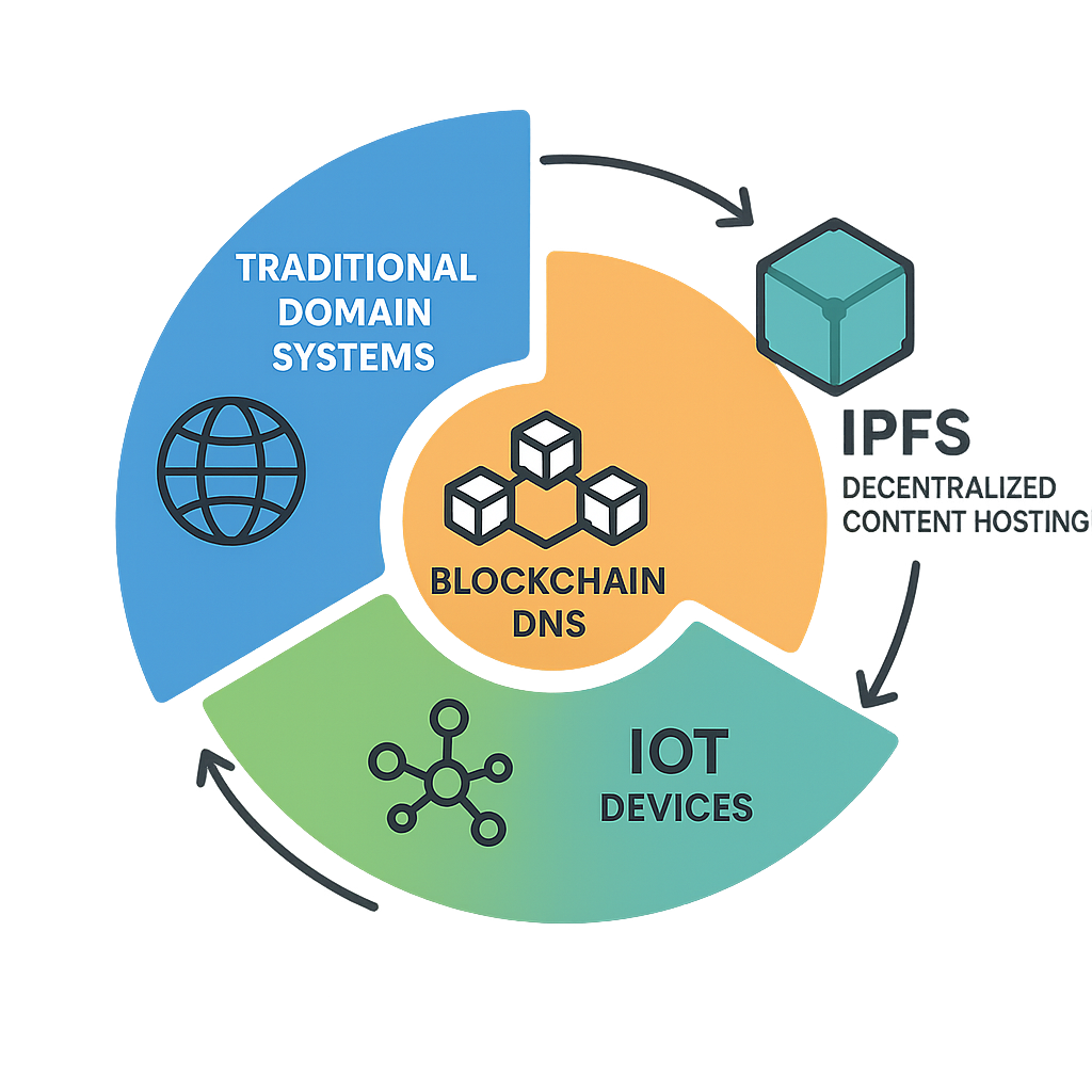 Diagram showing blockchain DNS interacting with traditional domain systems, IoT devices, and IPFS.