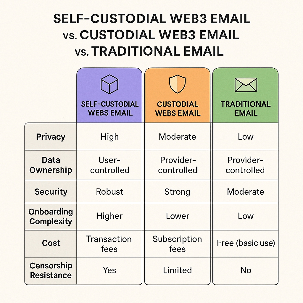 Side-by-side visual comparison of self-custodial Web3 email, custodial Web3 email, and traditional email across privacy, security, and ownership factors