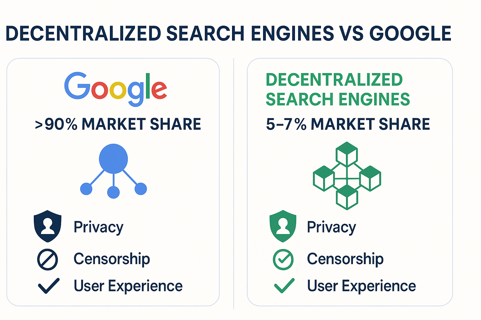 Infographic comparing decentralized search engines (5-7% market share) vs Google (over 90%) with privacy features