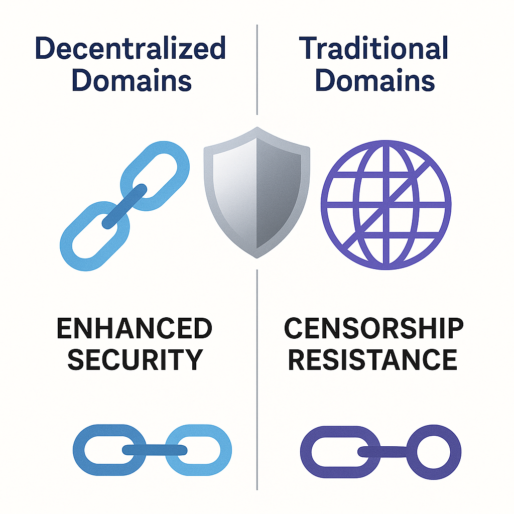 Infographic comparing security and censorship resistance benefits of decentralized domains to traditional domains