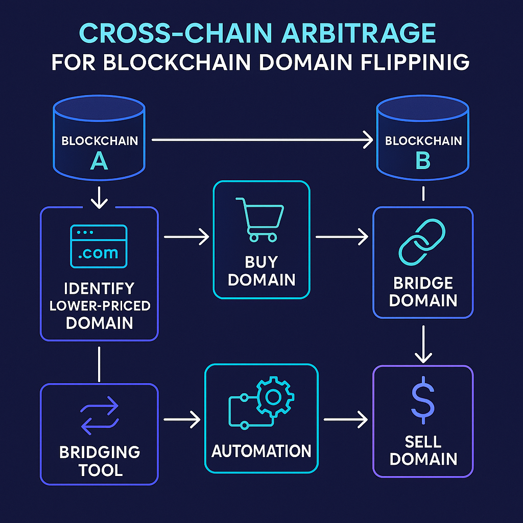 Diagram flowchart showing cross-chain arbitrage process using bridging tools for blockchain domains