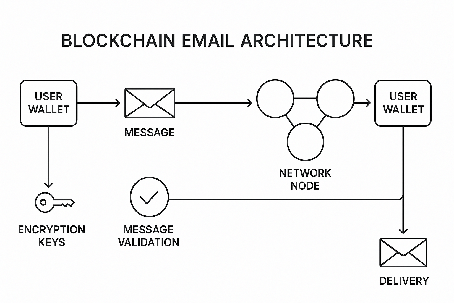 Technical diagram illustrating blockchain email flow with nodes, encryption, and message delivery