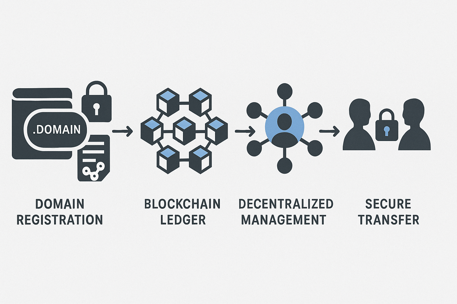 Stepwise process diagram of blockchain domain lifecycle from registration to decentralized management.