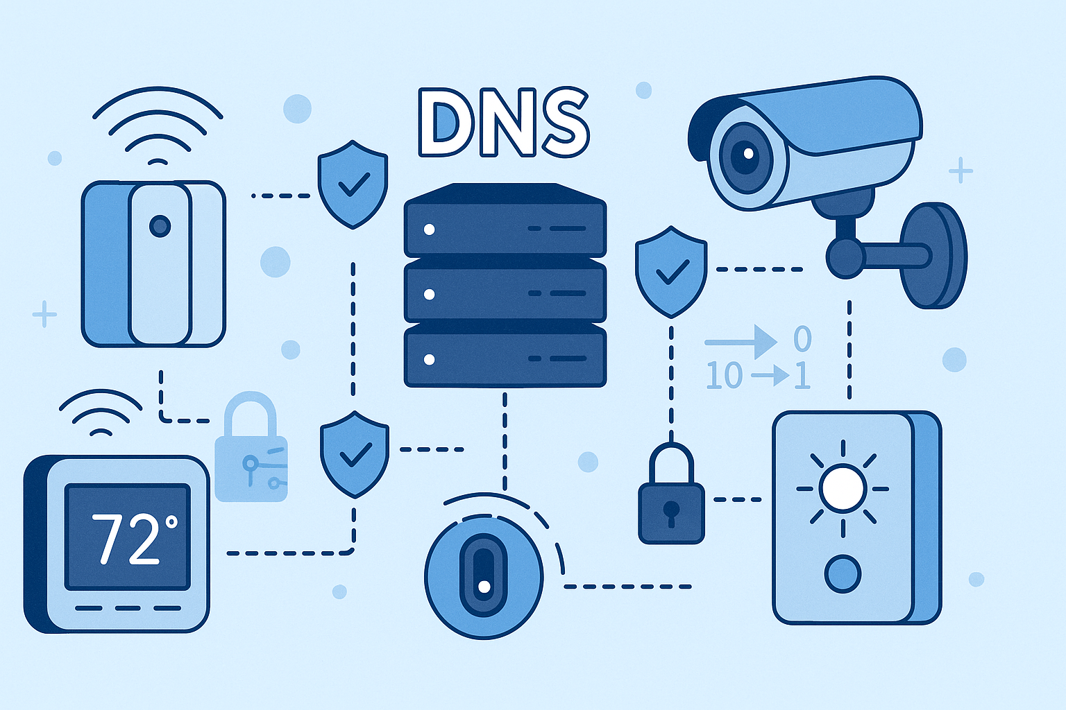 Illustration of decentralized DNS enhancing security of IoT devices in a smart home environment.