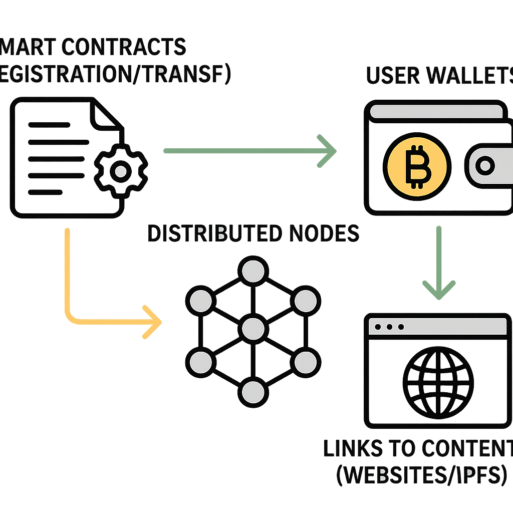 Diagram showing blockchain DNS components: smart contracts, distributed ledger, user wallets, and content links.