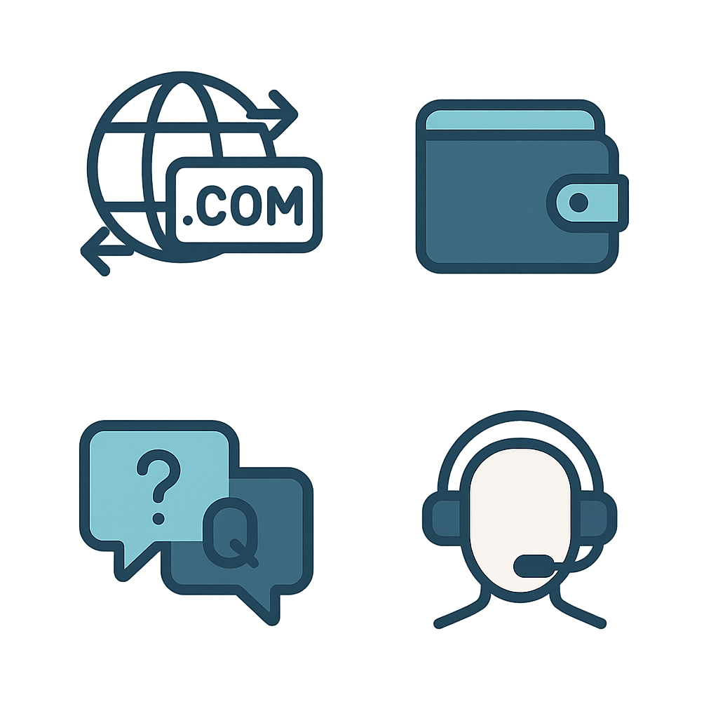 Custom icons representing domain transfer, wallet support, Q&A, and customer support for FAQ section.