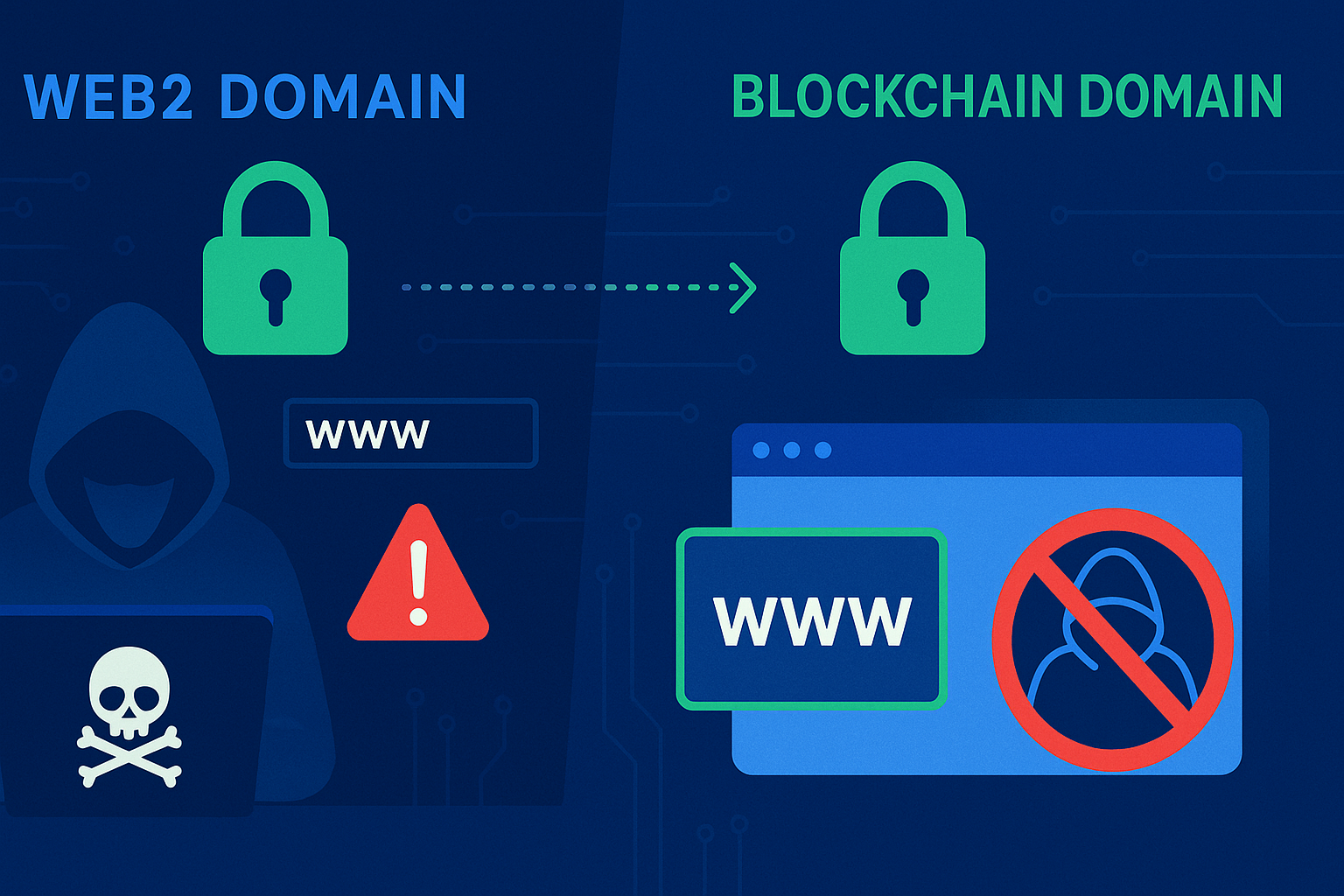 Illustration showing a failed Web2 domain hacking attempt versus successful blockchain domain attack prevention