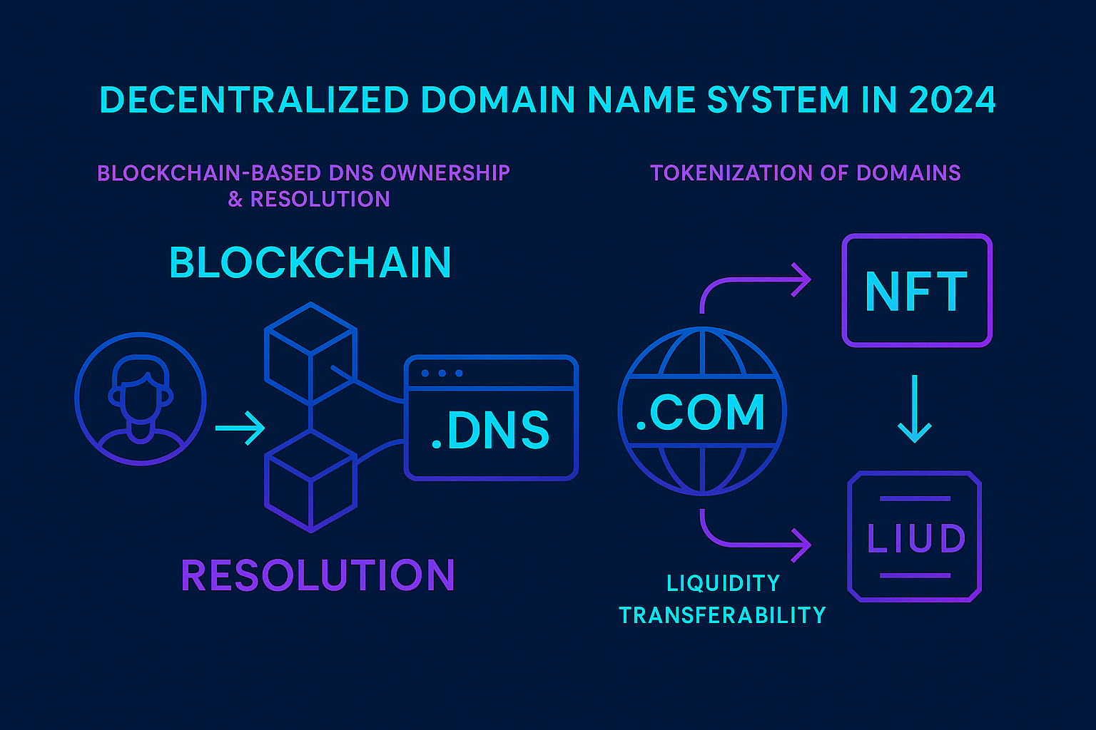 Diagram illustrating decentralized DNS architecture and tokenization of domains as NFTs