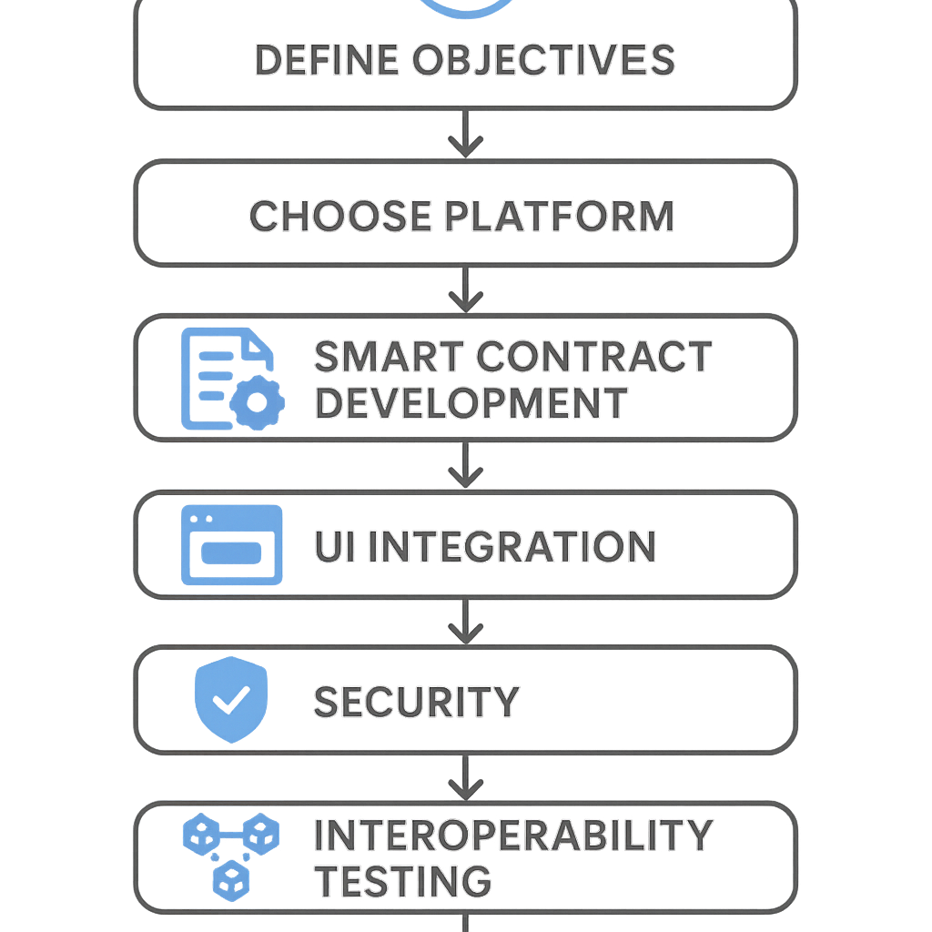Flowchart diagram showing the blockchain domain registry implementation steps from objectives to launch and monitoring.