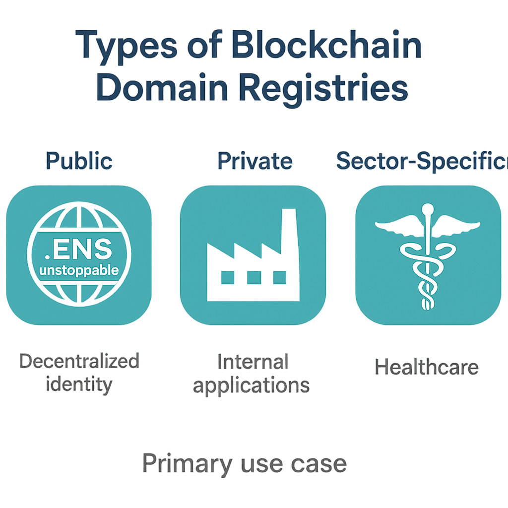 Infographic showing public, private, and specialized blockchain domain registries and corresponding industry use cases.