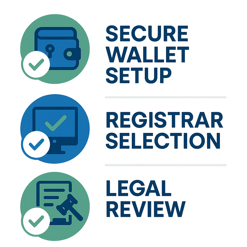 Checklist infographic summarizing security and best practices for buying domains with crypto.