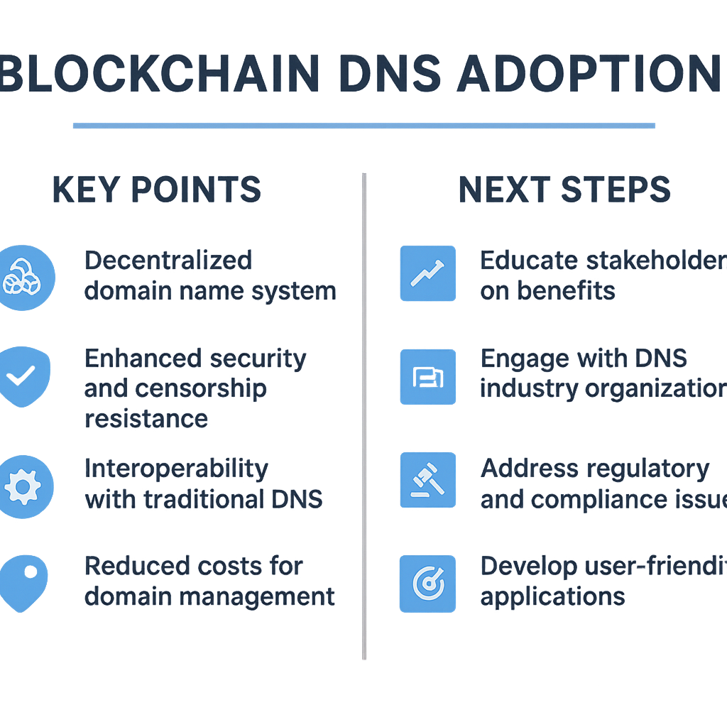 Infographic summarizing key points and next steps for blockchain DNS adoption.
