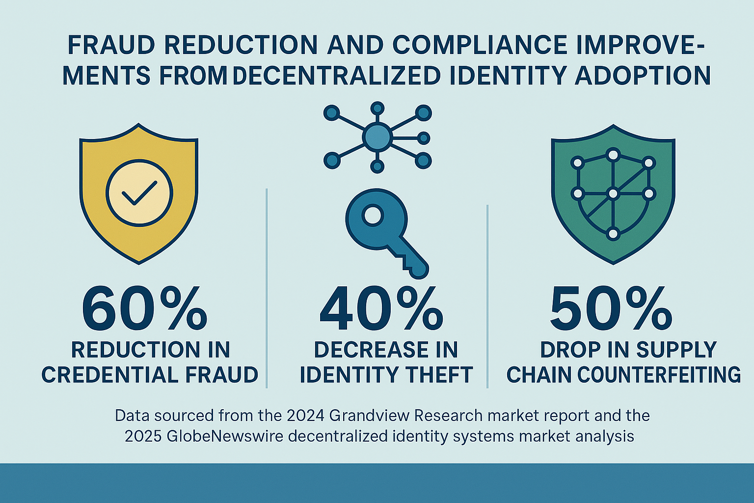 Infographic showing 60% reduction in credential fraud, 40% decrease in identity theft, and 50% drop in supply chain counterfeiting