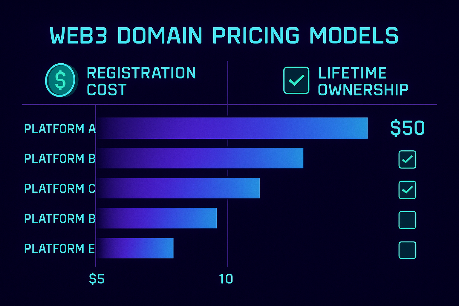Comparison chart of Web3 domain registration costs ranging from $5 to $50
