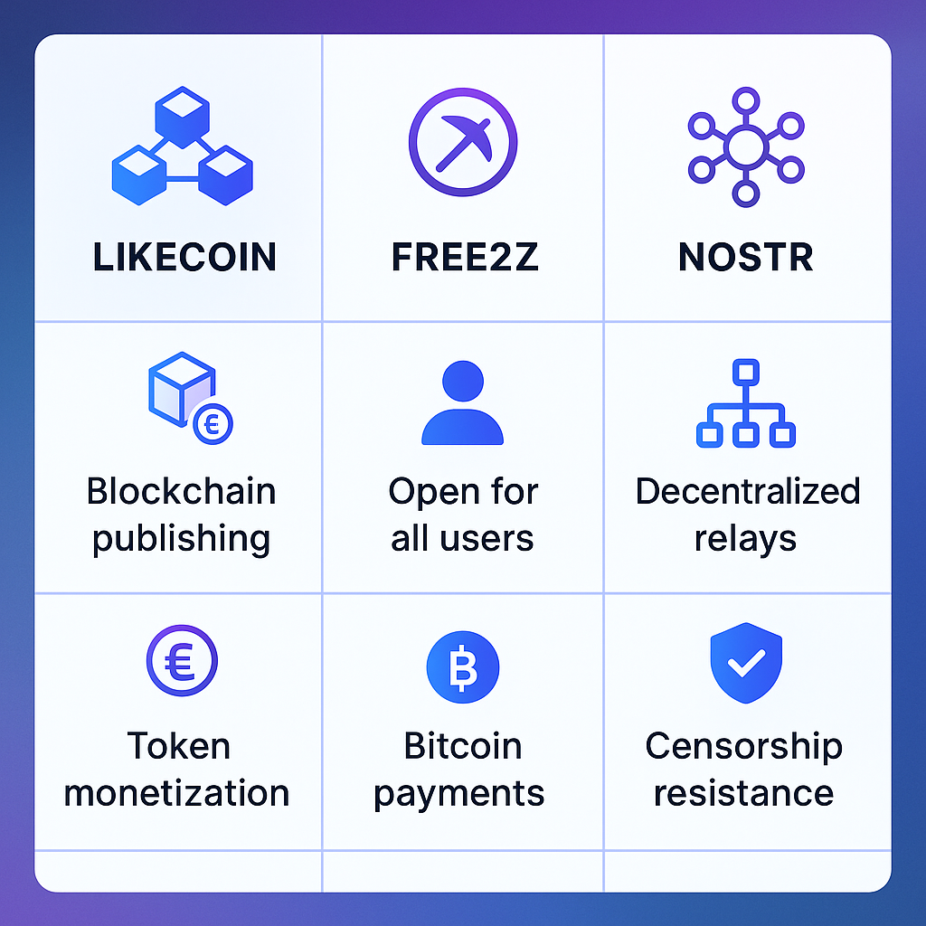 Infographic comparing LikeCoin, Free2Z, and Nostr censorship resistant features and mechanisms