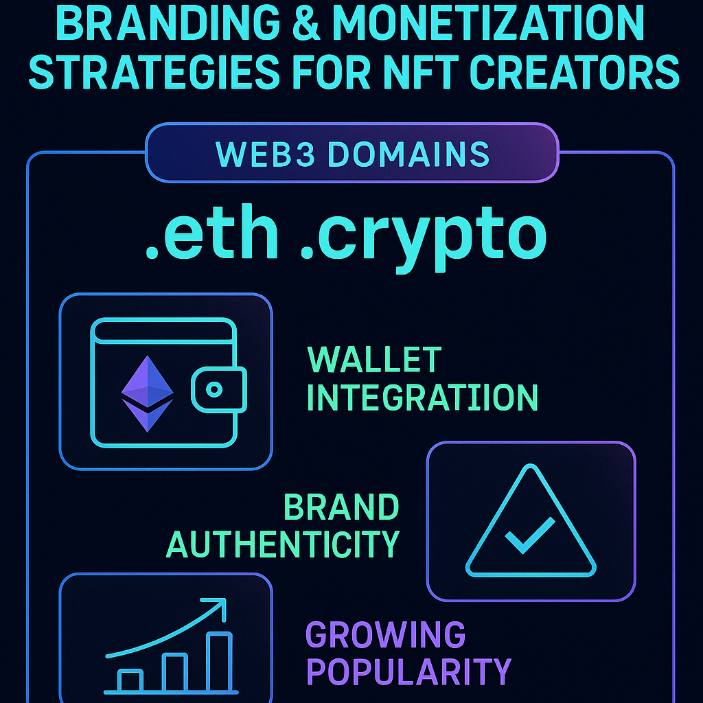 Infographic showing NFT creators using .eth and .crypto domains for branding and monetization