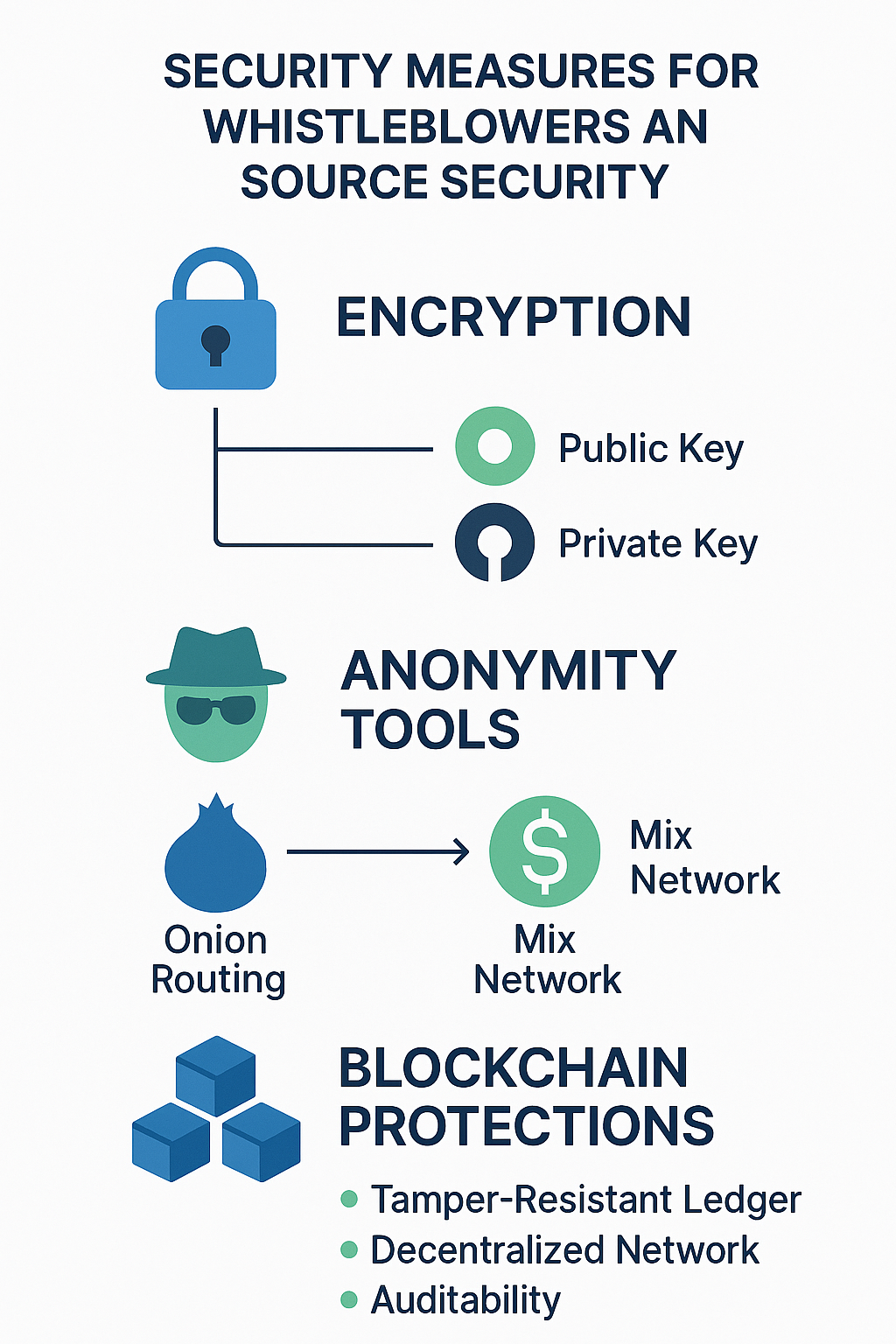 Diagram showing encryption, anonymity tools, and blockchain safeguards for protecting journalists and sources