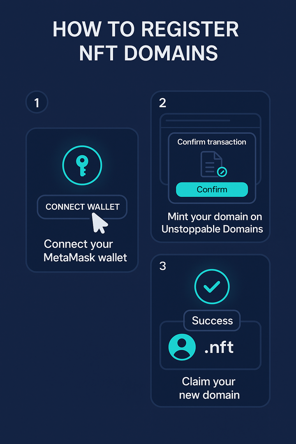 Step-by-step guide showing wallet connect, domain minting, and registration process on NFT platforms