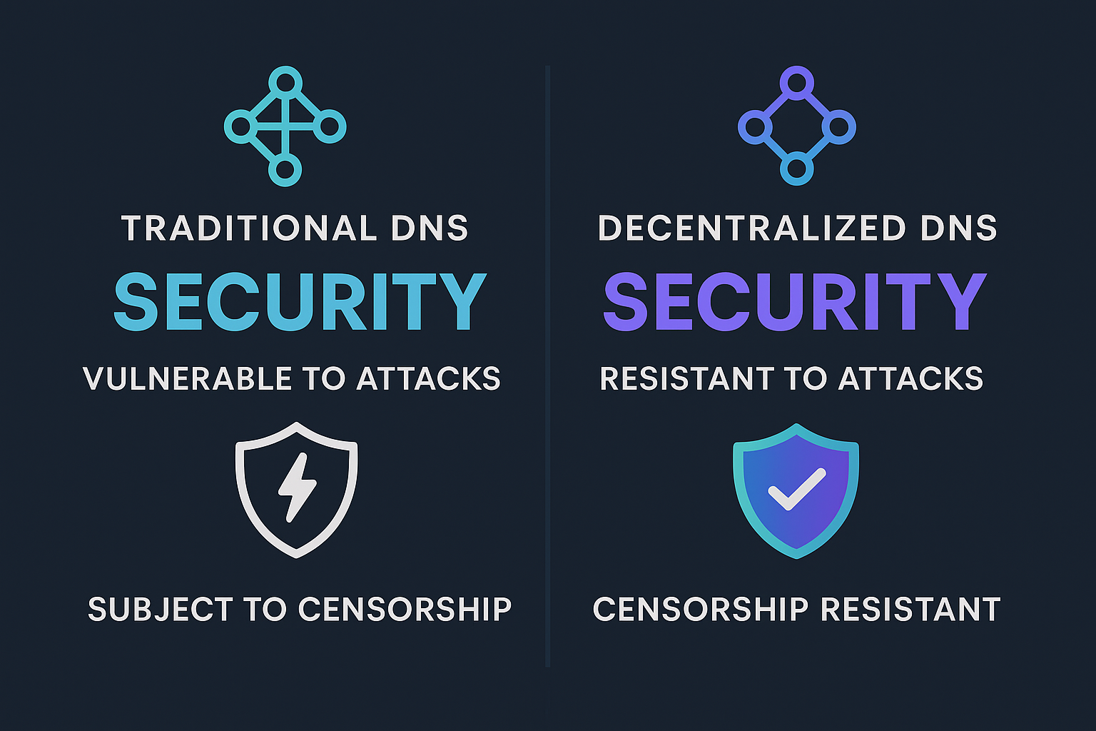 Comparison chart of security and censorship resistance between traditional DNS and decentralized DNS