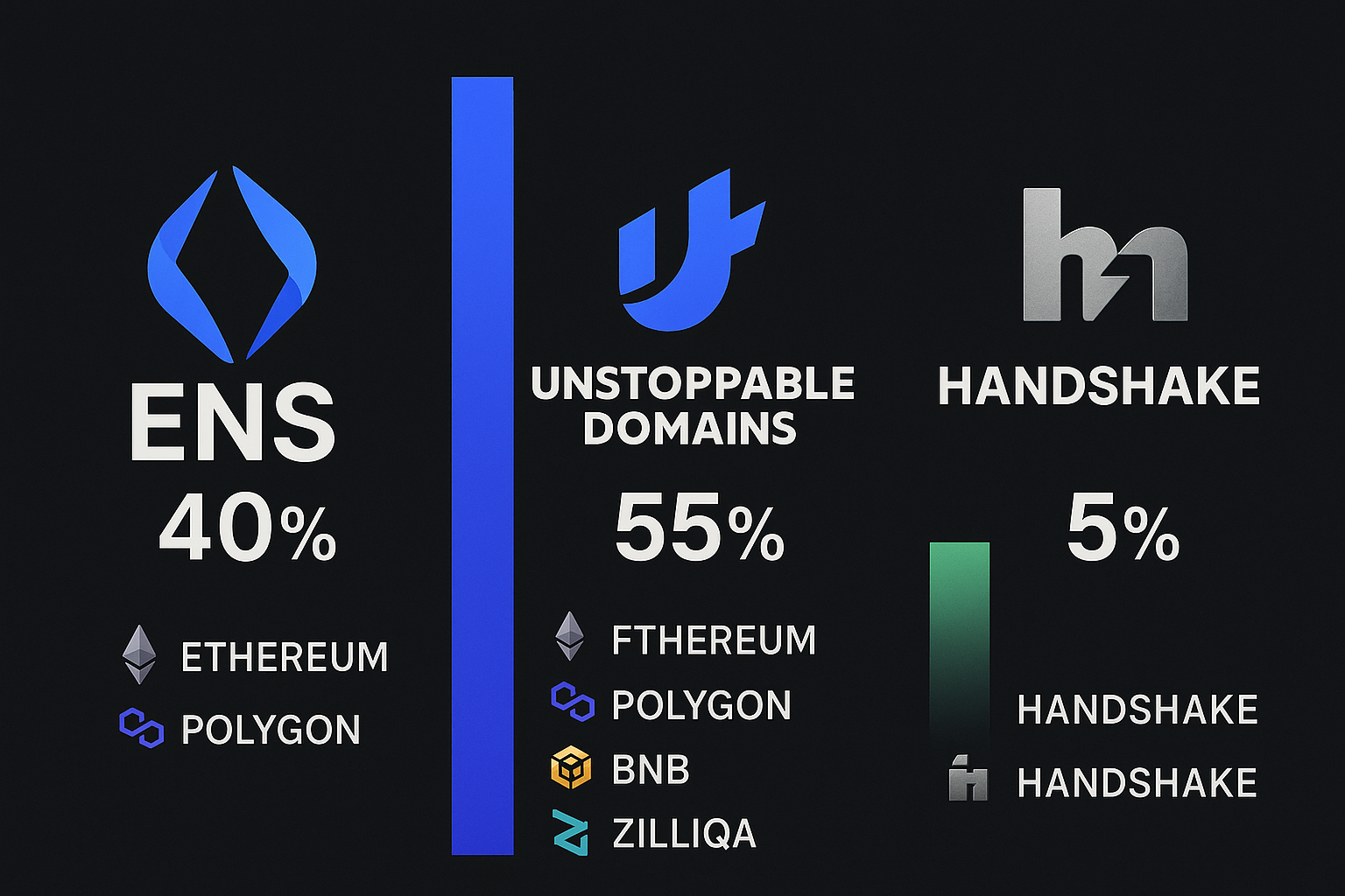 Diagram comparing ENS, Unstoppable Domains, and Handshake platforms with market share and features