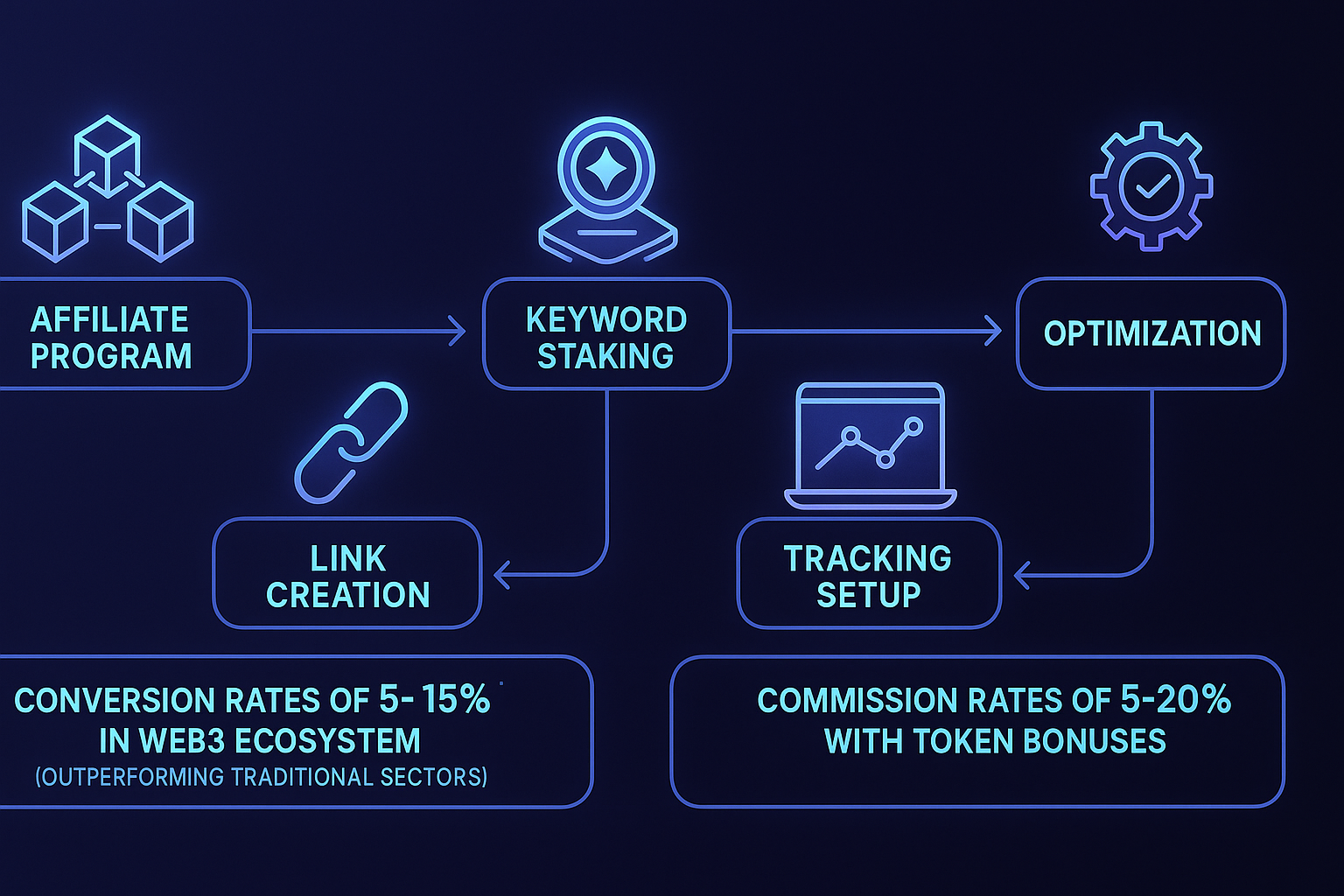 Step-by-step process diagram showing how to integrate affiliate marketing with keyword staking campaigns