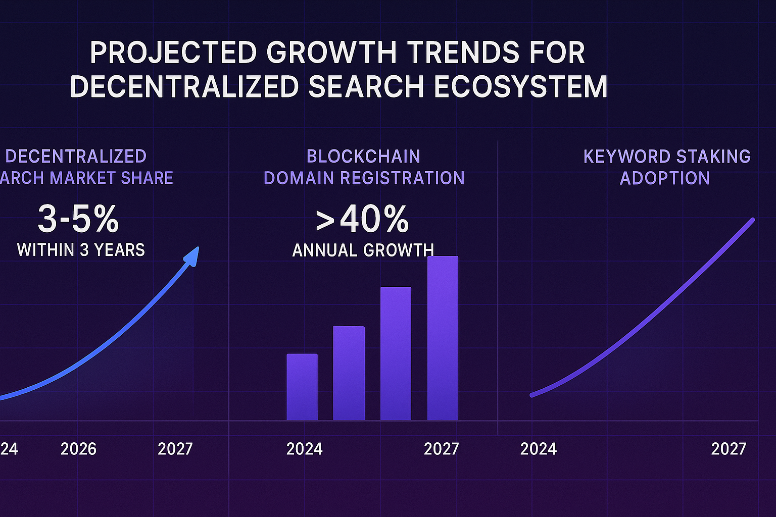 Chart showing projected growth trends for decentralized search, blockchain domains, and keyword staking from 2024-2027