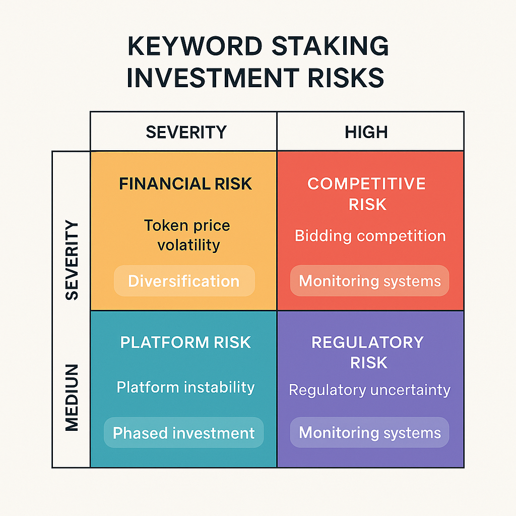 Risk assessment matrix showing keyword staking risks categorized by type and severity with mitigation strategies