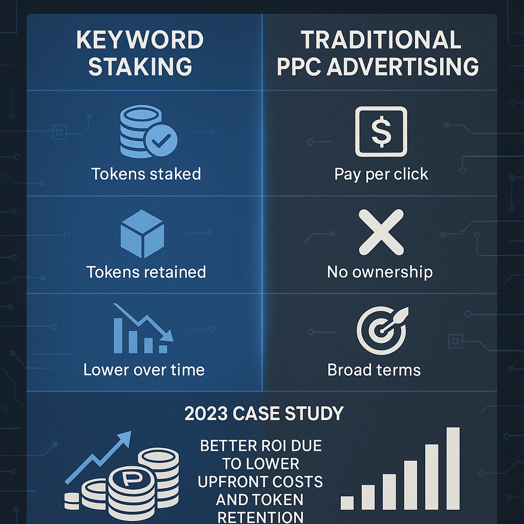 Comparison chart showing differences between keyword staking and traditional PPC advertising models