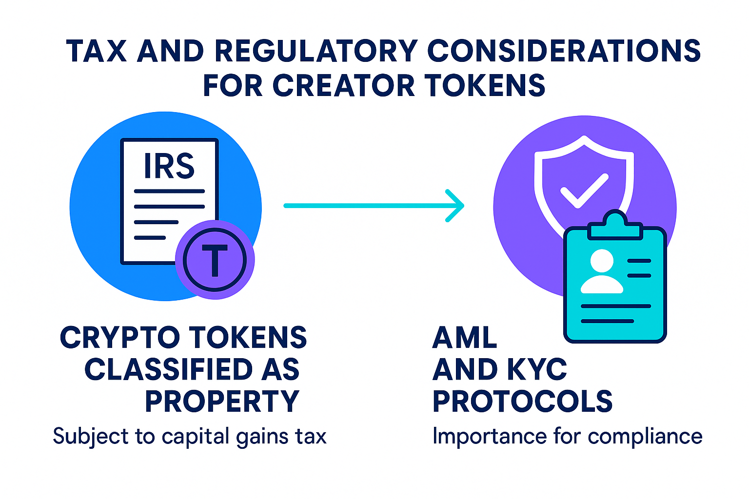 Infographic of tax and regulatory compliance for creator tokens including IRS and AML/KYC guidelines.