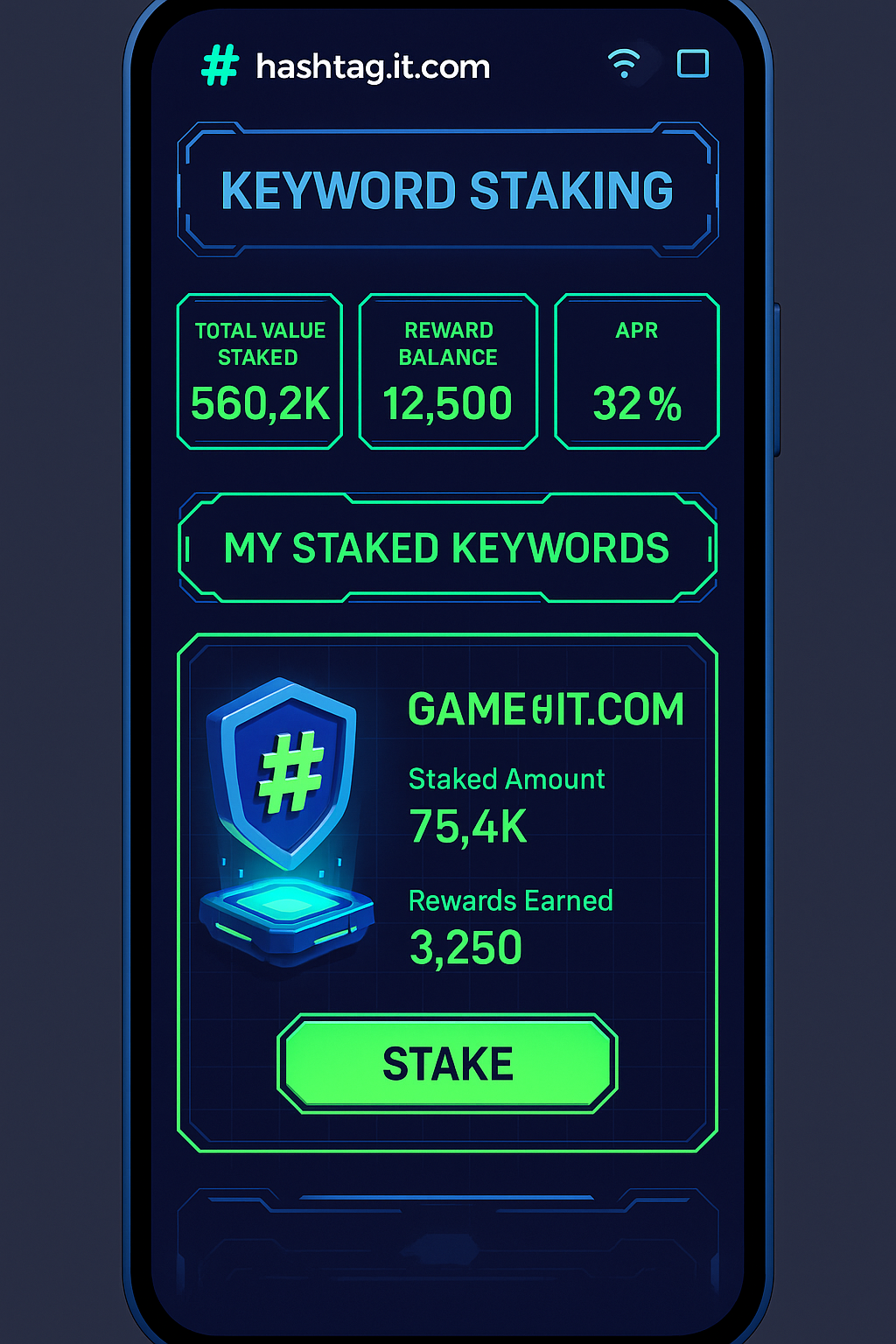 Mobile UI mockup showing keyword staking dashboard for NFT gaming communities