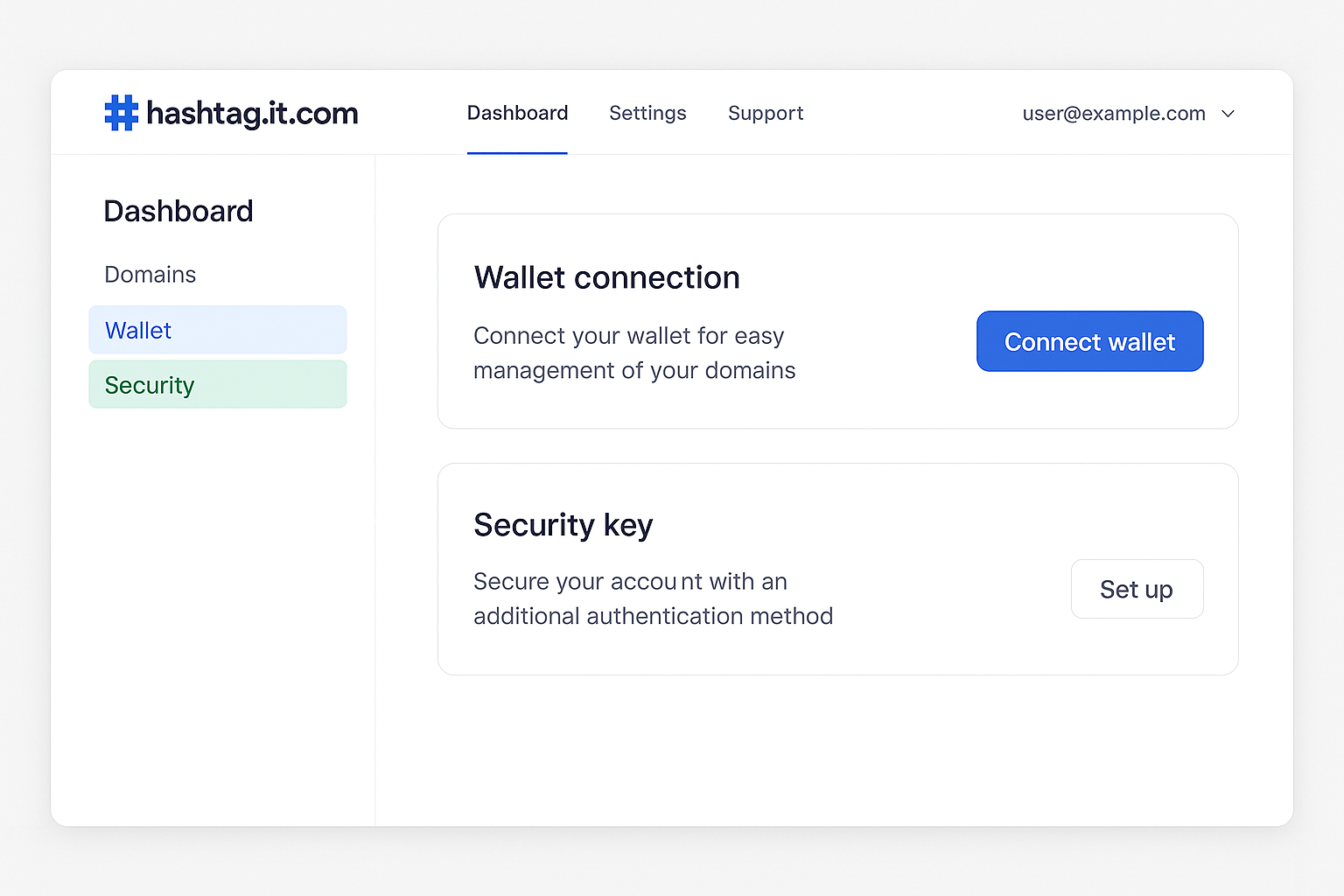 User interface mockup of hashtag.it.com dashboard showing wallet setup and security key configuration