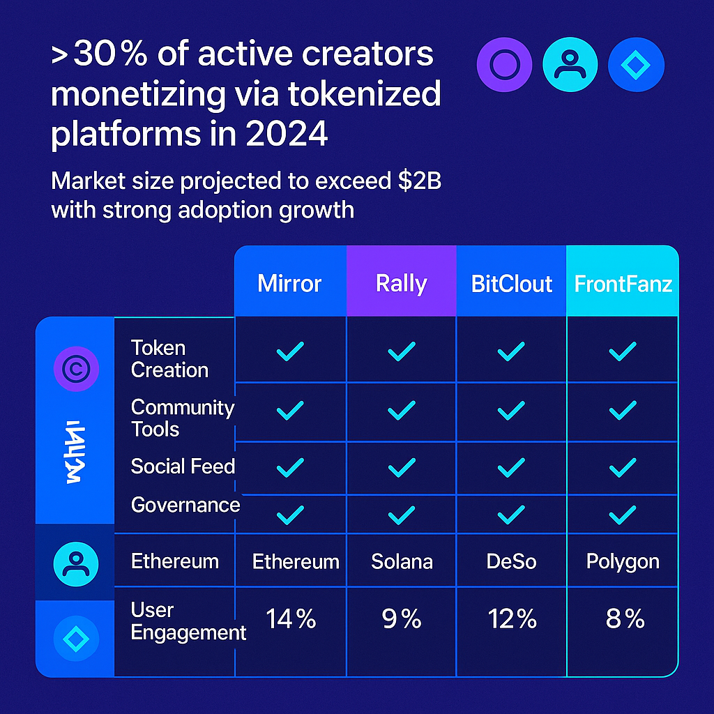Comparison infographic of tokenized creator platforms with features and engagement metrics.