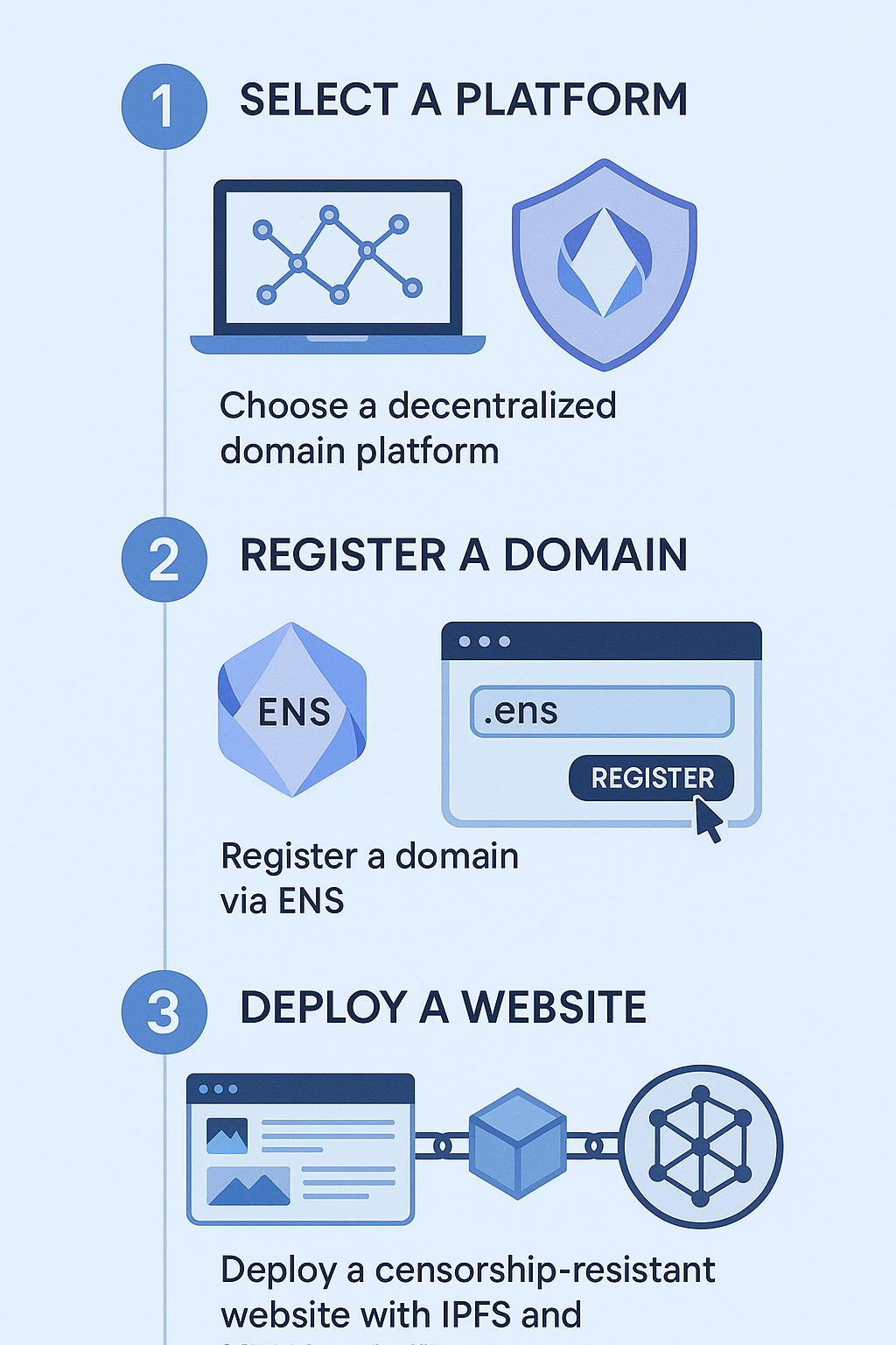 Step-by-step visual guide for selecting platforms, registering blockchain domains, and deploying on IPFS