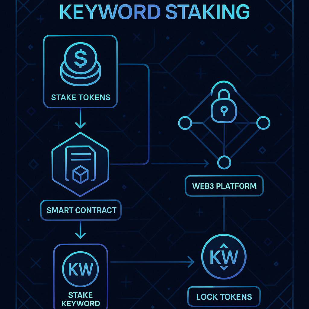 Flowchart showing keyword staking process with smart contracts and token locking on decentralized platforms.