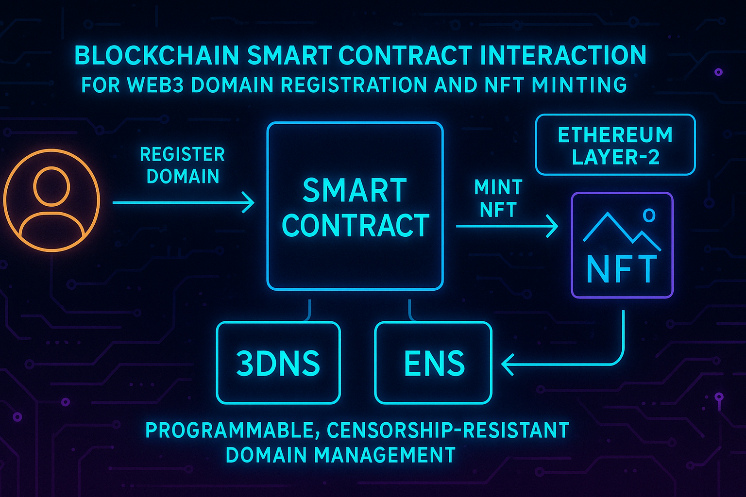 Diagram showing blockchain smart contract interaction for Web3 domain registration and NFT minting