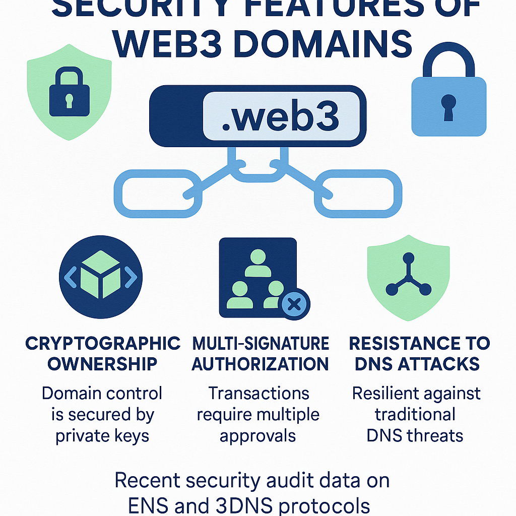 Infographic illustrating security features like cryptographic ownership and multi-signature authorization in Web3 domains