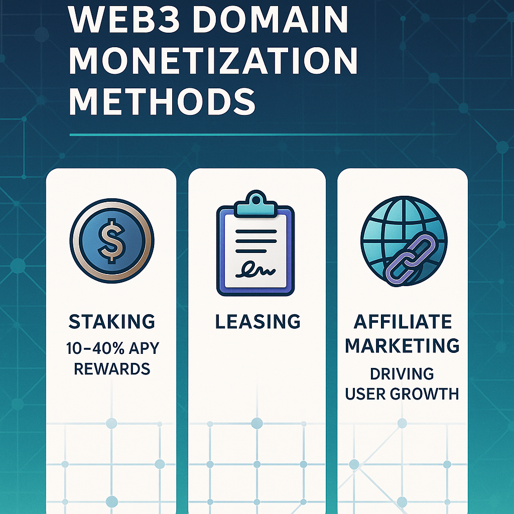 Infographic comparing Web3 domain monetization methods: staking, leasing, and affiliate marketing
