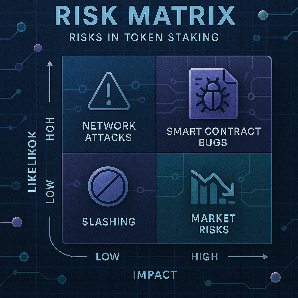 Risk matrix highlighting smart contract and market risks in token staking