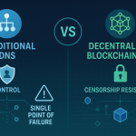 Infographic comparing traditional DNS and decentralized blockchain DNS with censorship resistance features