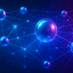 Abstract futuristic digital network with glowing interconnected nodes symbolizing decentralized domain ownership and security, rendered in blue and purple gradients with glowing effects and complex multilayered design