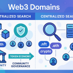 Modern decentralized search platform illustration contrasting decentralized vs centralized search for Web3 domains with blockchain and domain icons.